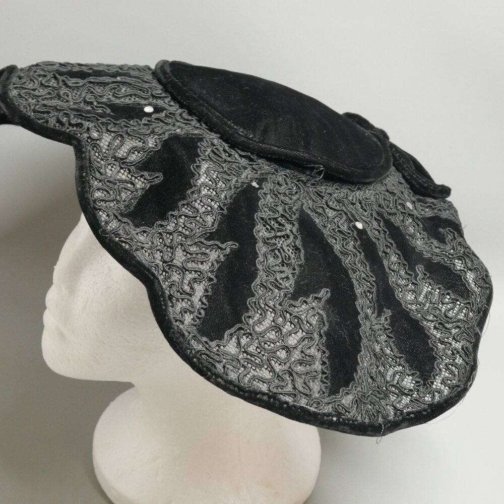 VTG Black Velvet  and Lace Hat Rhinestones Wide Brim Saucer Cocktail